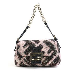 Fendi Mamma Bucket Shoulder Bag Wool Sequins Patent Black Pink